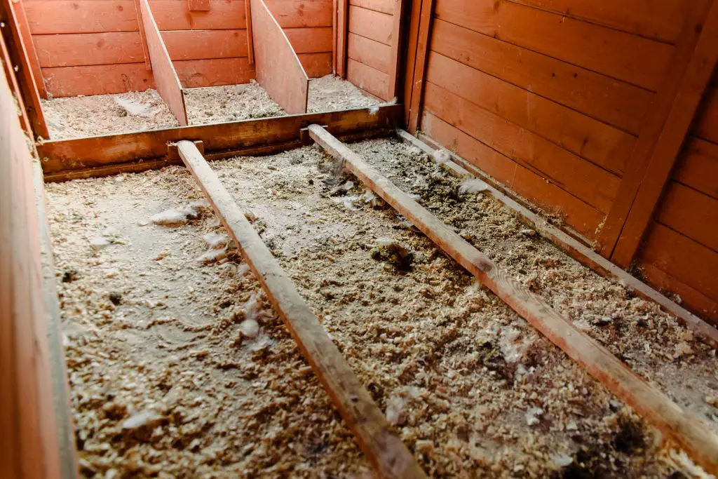 Interior of a dirty empty chicken coop.